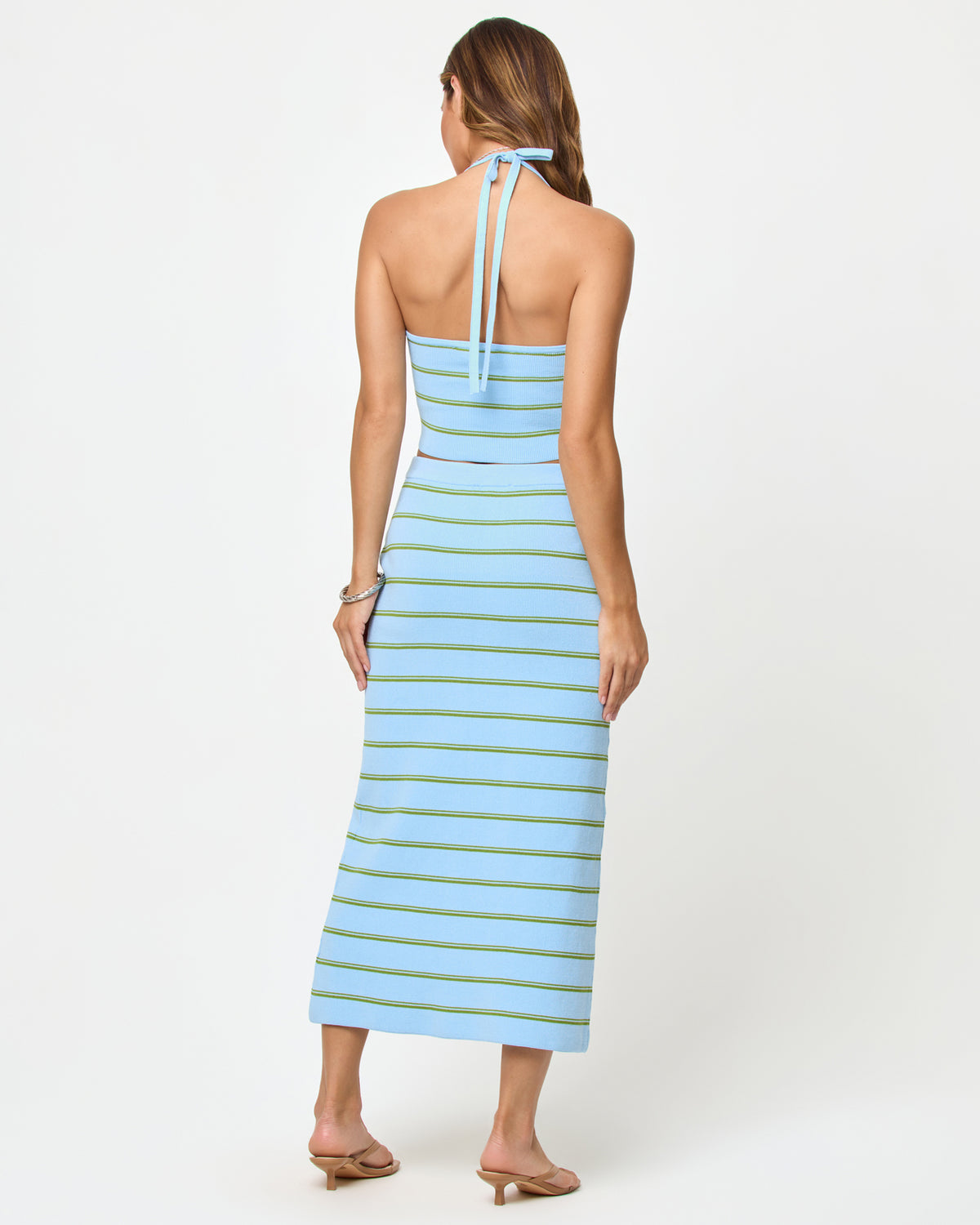 Positano Top - Barbados Stripe LSPACE Positano Top and Ravello Skirt in Barbados Stripe, back view on model.