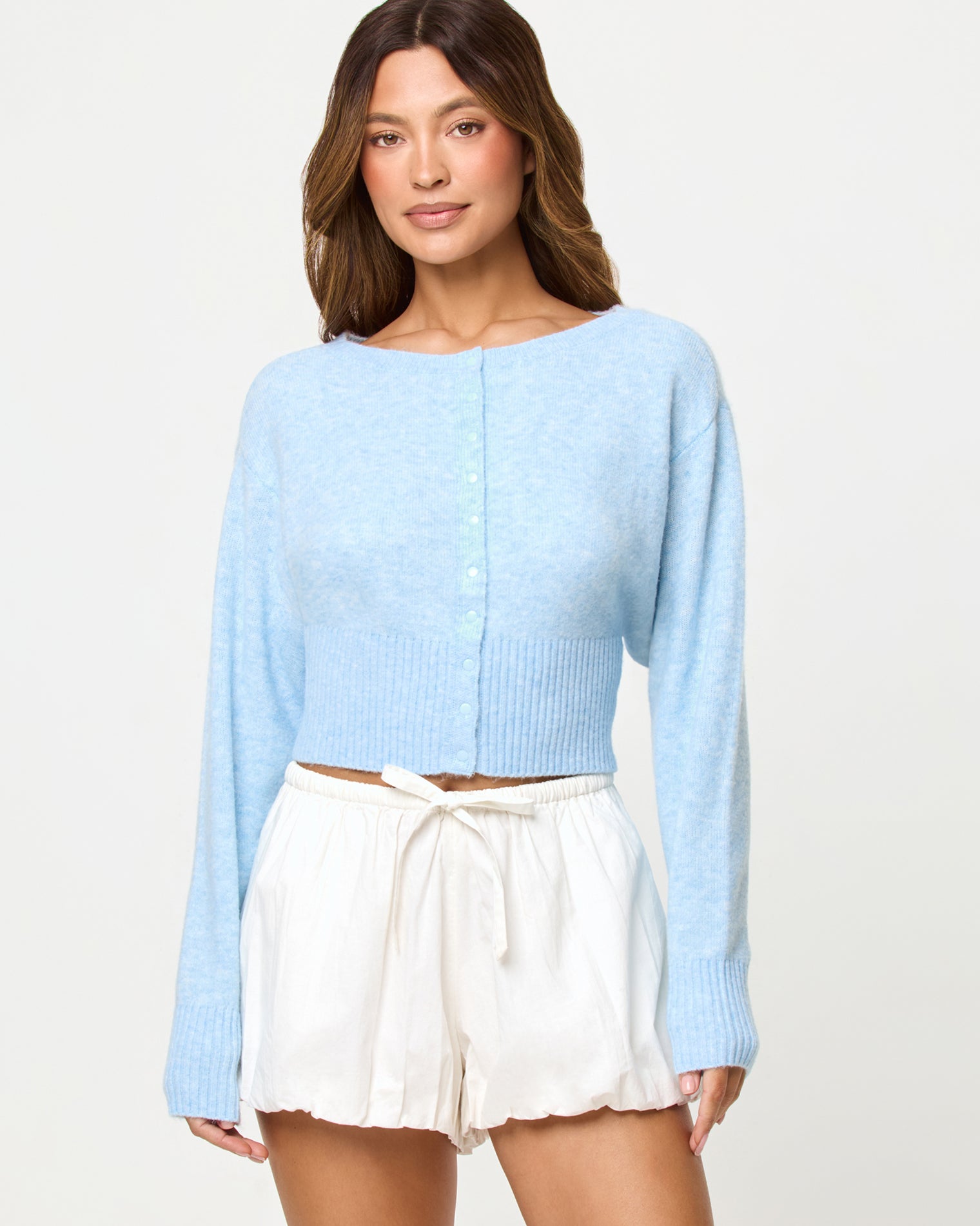 In The Moment Cardigan - Sky Blue Sky Blue | Badge:New Arrival_#B2AC88_#ffffff'

LSPACE In the Moment cardigan in sky blue, close-up detail view on model.