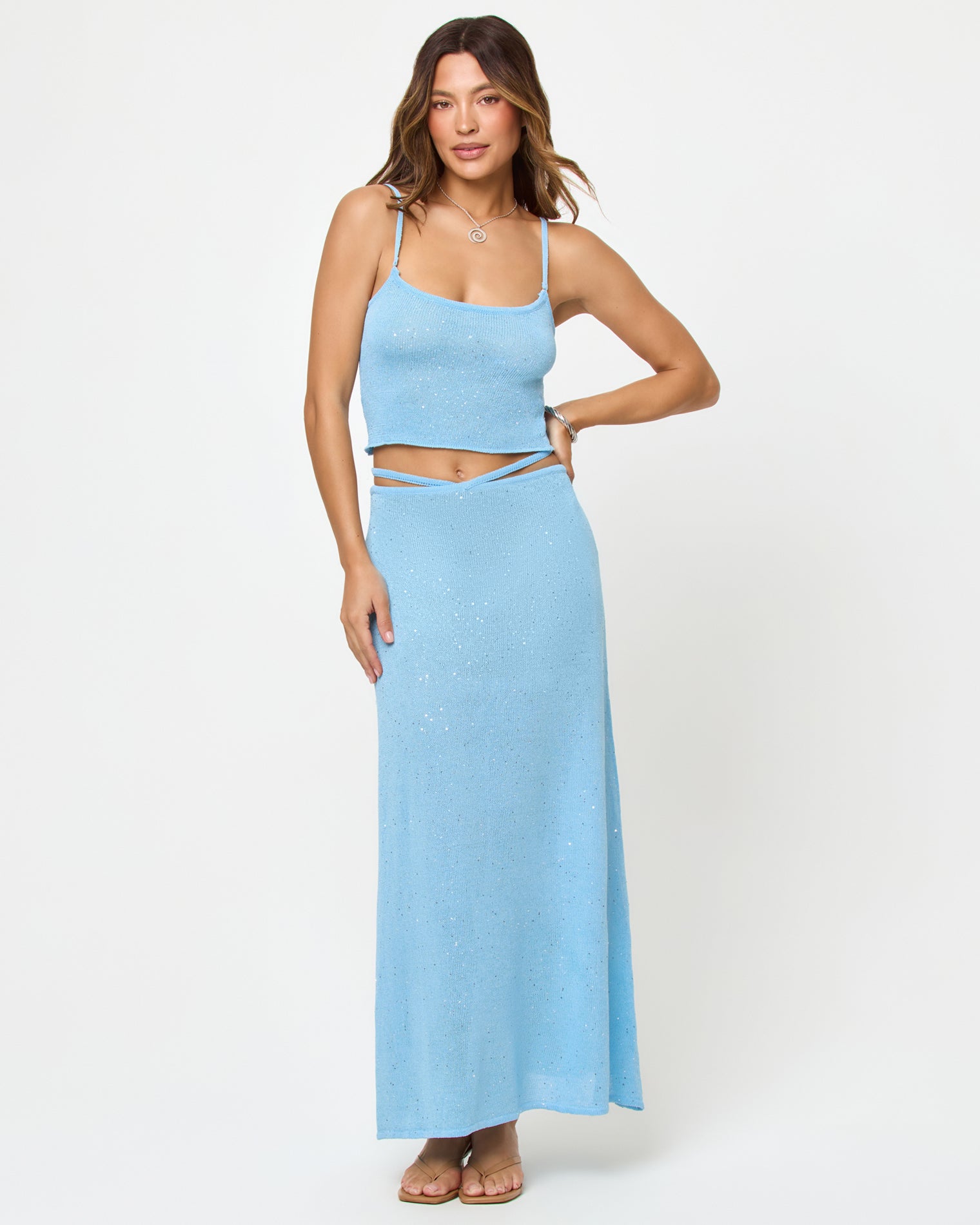 Last Light Skirt - Sky Blue LSPACE Last Light Top and Skirt in Sky Blue, front view on model.