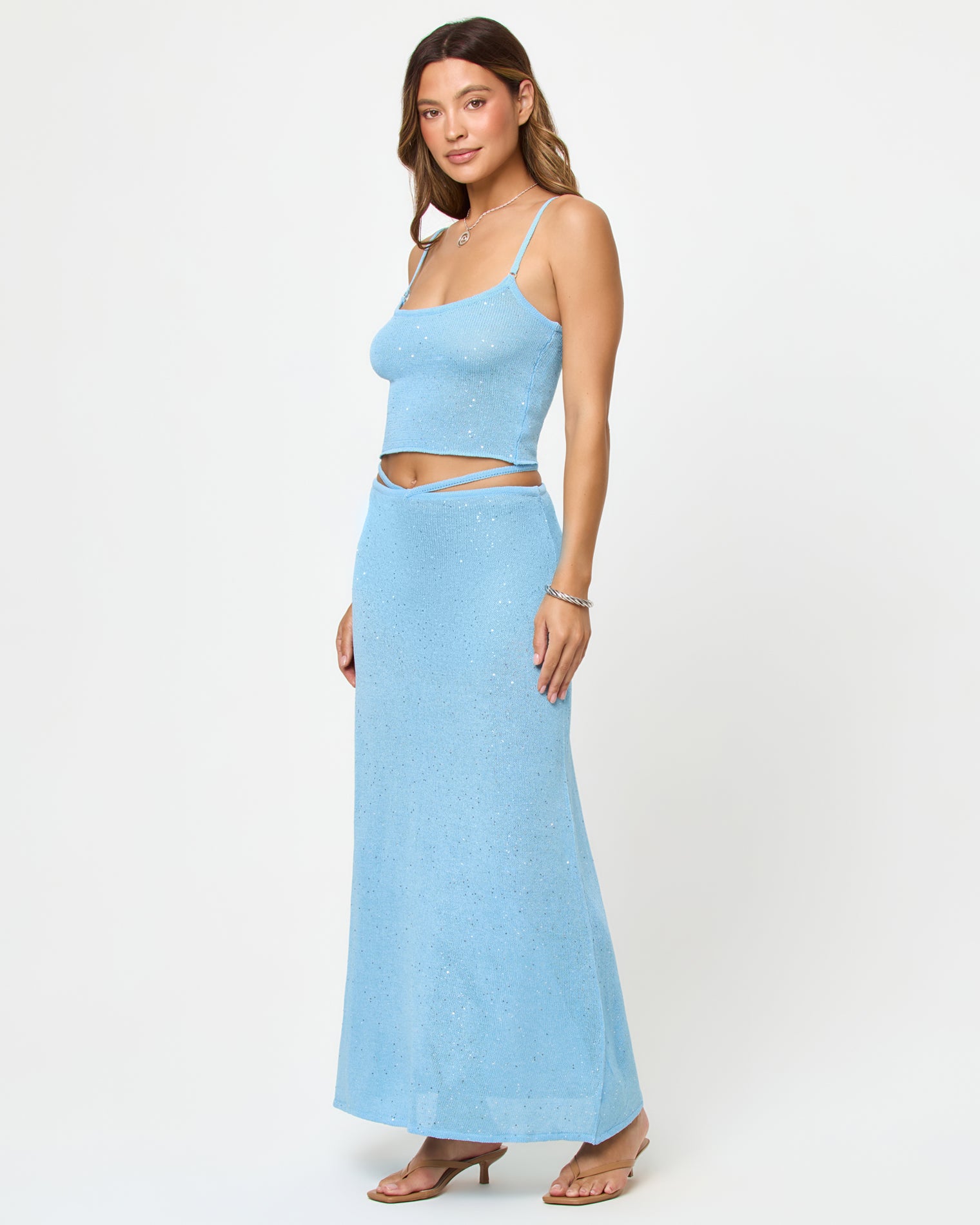 Last Light Skirt - Sky Blue LSPACE Last Light Top and Skirt in Sky Blue, three-quarter view on model.