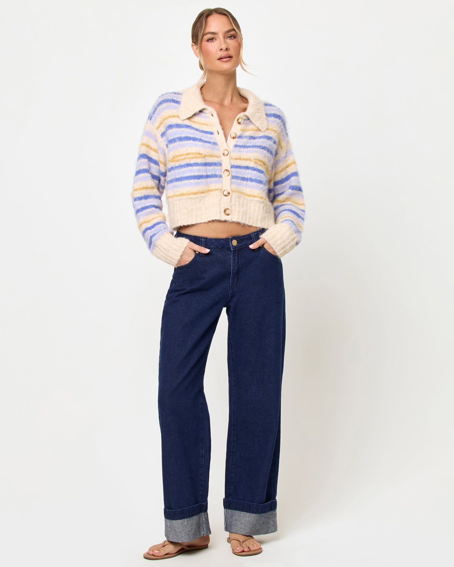 Rumi Sweater - Seaside Stripe LSPACE Rumi sweater in seaside stripe, styled with jeans, front view on model.