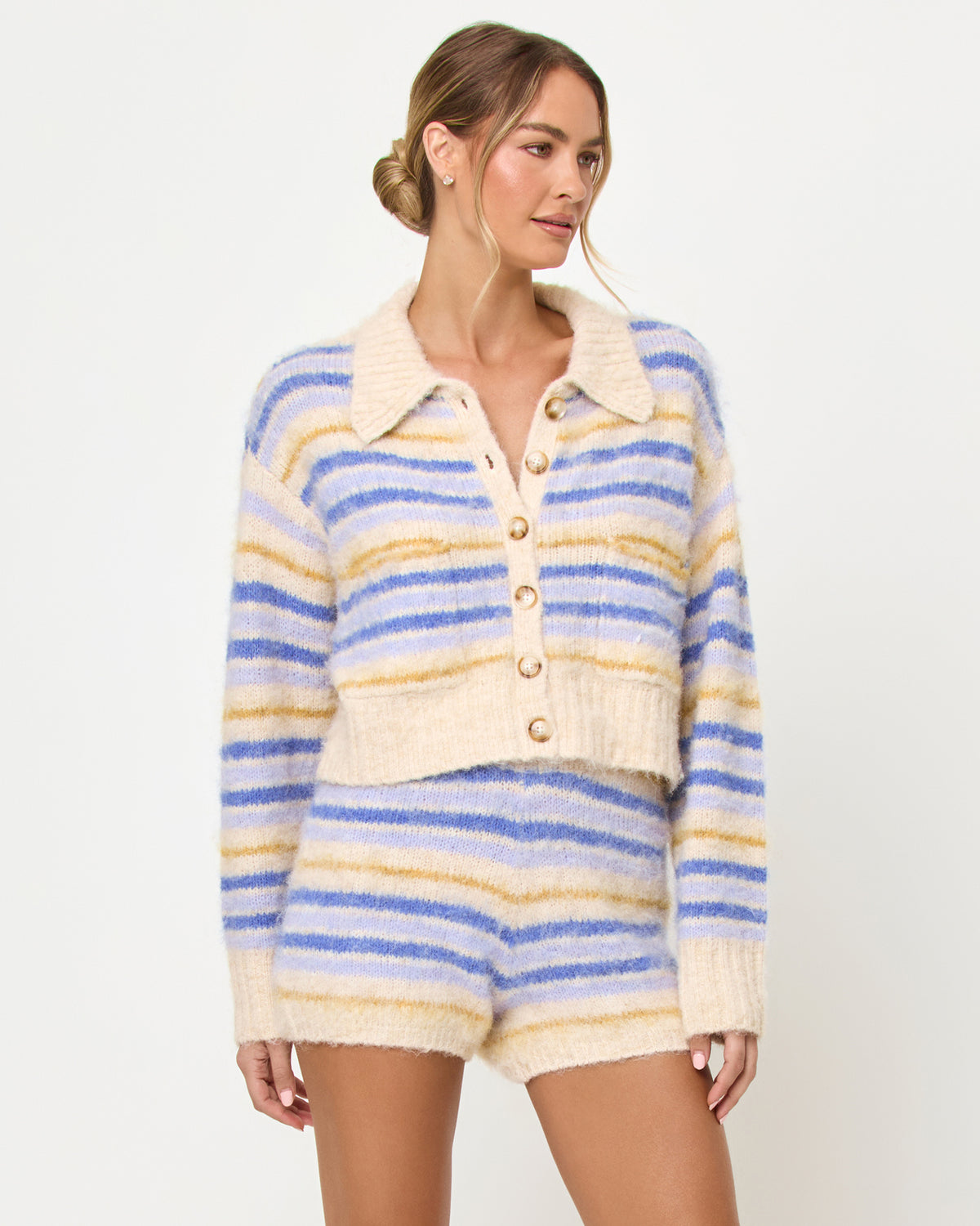 Montauk Short - Seaside Stripe LSPACE Montauk short in Seaside Stripe, close-up detail view on model.