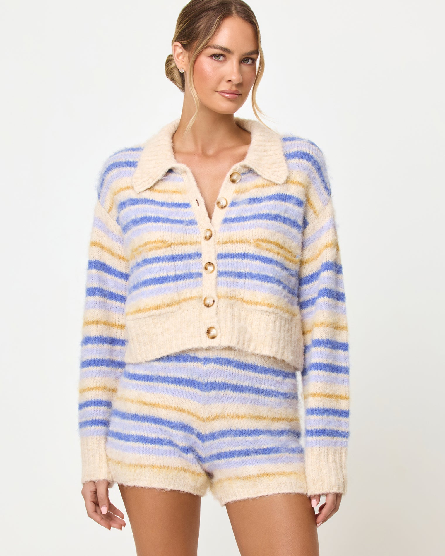 Rumi Sweater - Seaside Stripe Seaside Stripe | Badge:New Arrival_#B2AC88_#ffffff'
LSPACE Rumi sweater in seaside stripe, front view on model.