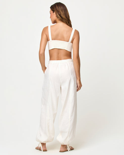 LSPACE Ellis Top and Pant in Cream, back view on model.