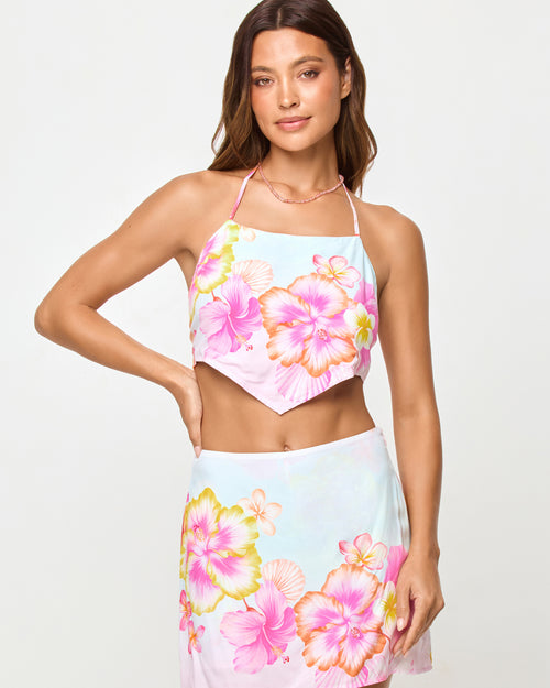 
LSPACE Maia Top and Venice Skirt in Hibiscus And Plumeria Oh My print, close-up front view on model.
