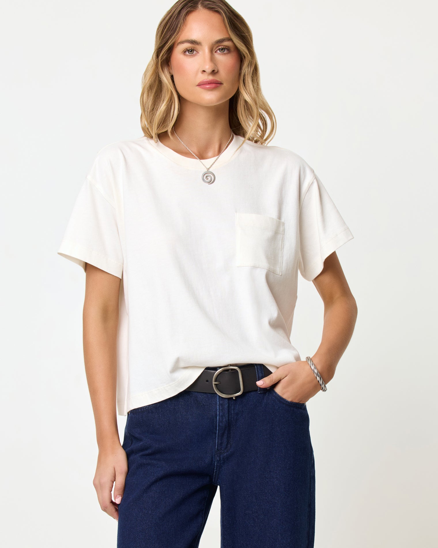 Everyday Tee - Cream LSPACE Everyday tee in cream, close-up detail view on model.
