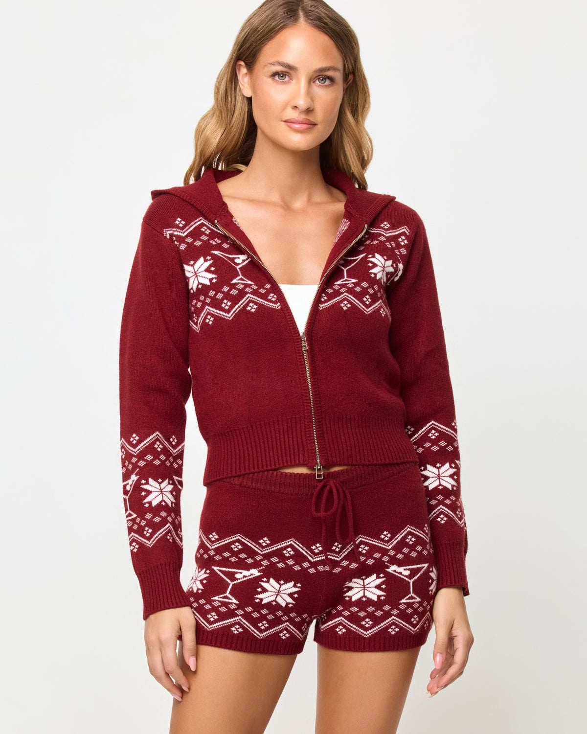 Emery Hoodie - Dusty Fig Cream LSPACE Emery short in Dusty Fig-Cream, front view on model.