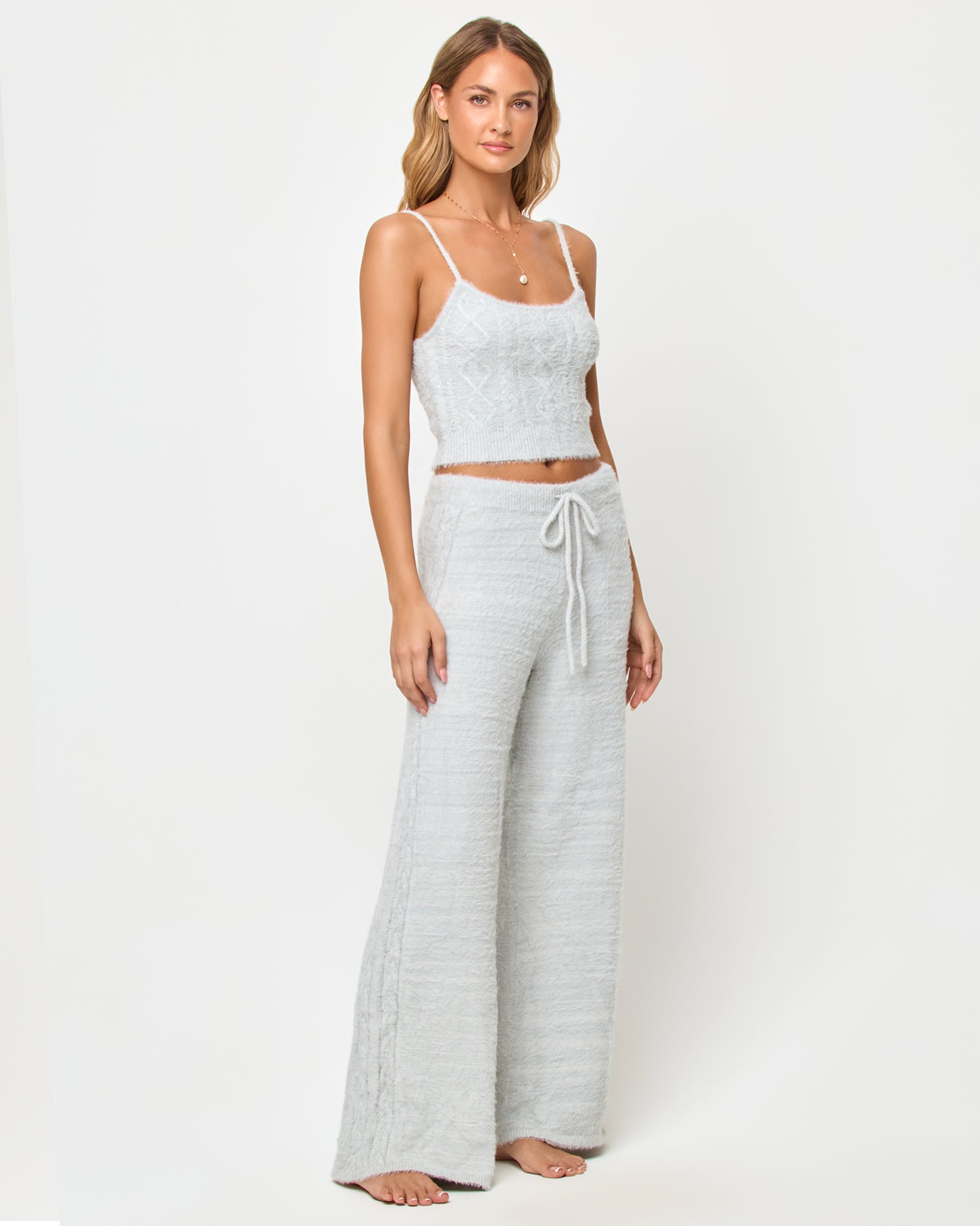Olivia Pant - Heather Gray LSPACE Olivia Tank in heather gray with matching pants, three-quarter view on model.