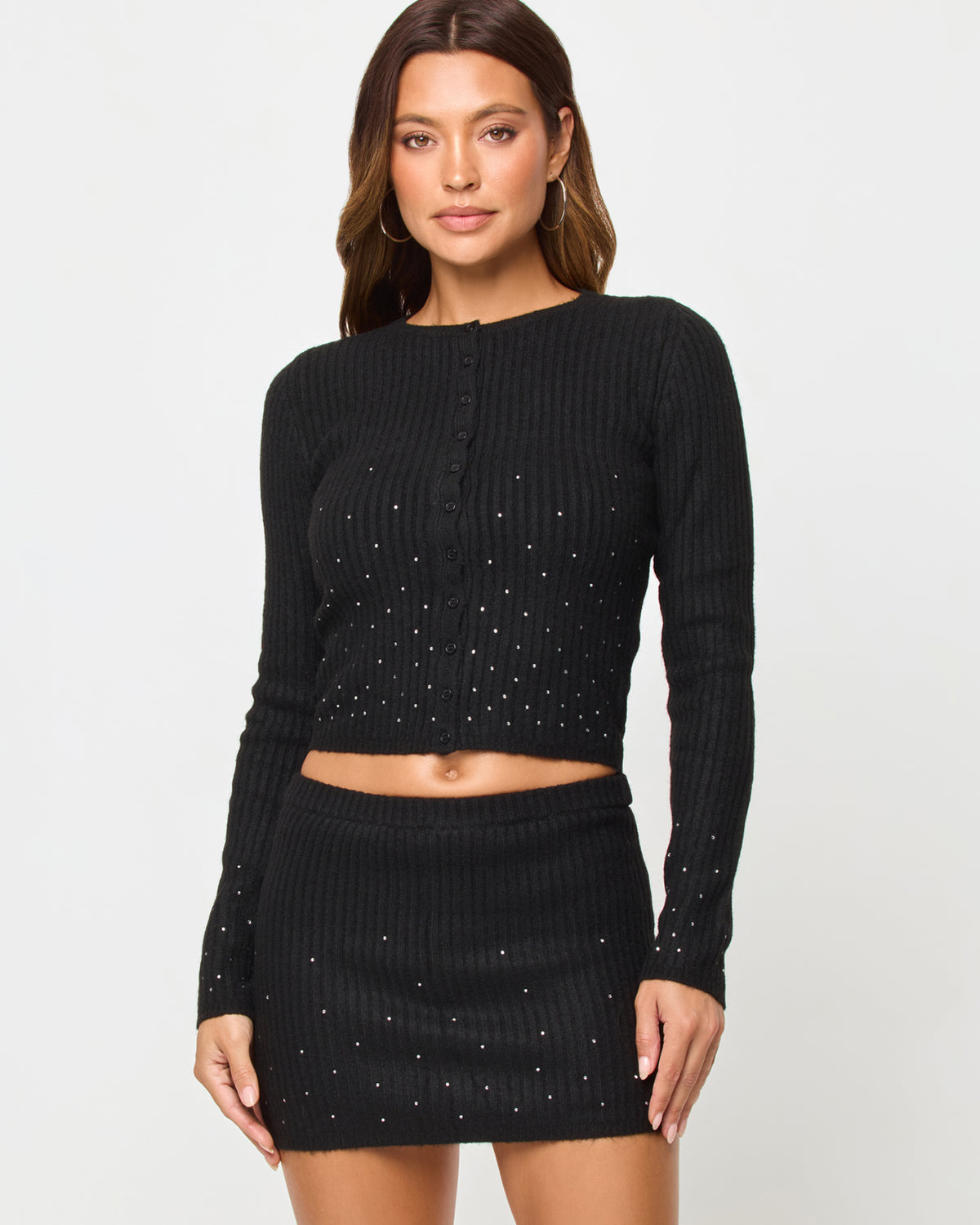 Starry Night Cardigan - Black LSPACE Starry Night skort in black, three-quarter view on model.