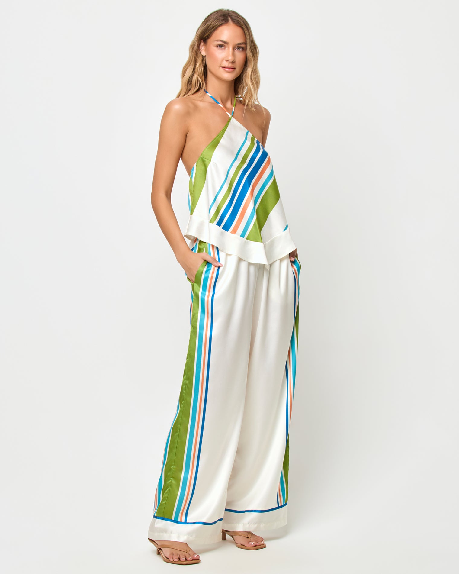 Hollis Top - Cancan Stripe LSPACE Hollis top in Cancan Stripe print, three-quarter view on model.