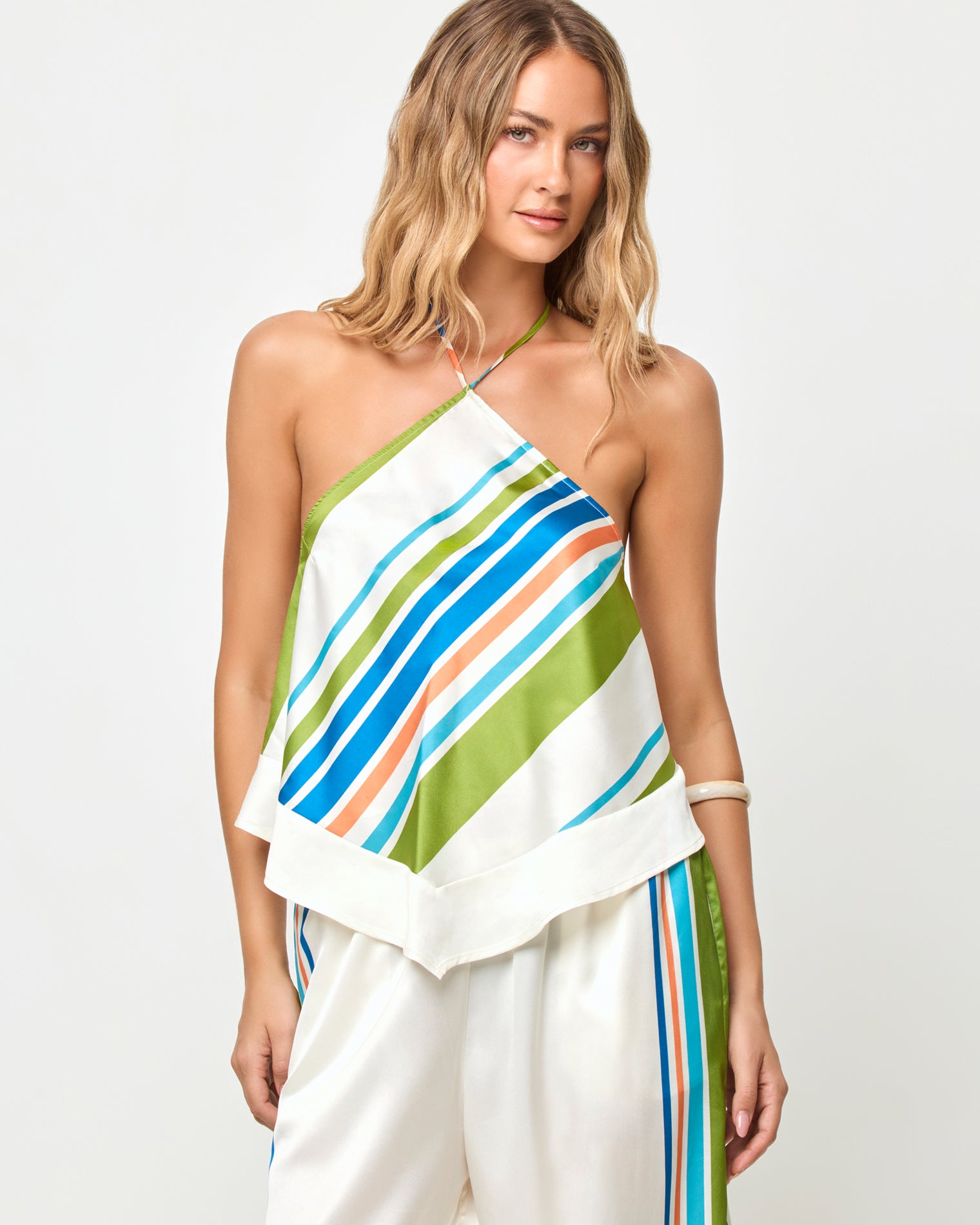 Hollis Top - Cancan Stripe LSPACE Hollis top in Cancan Stripe print, close-up detail view on model.