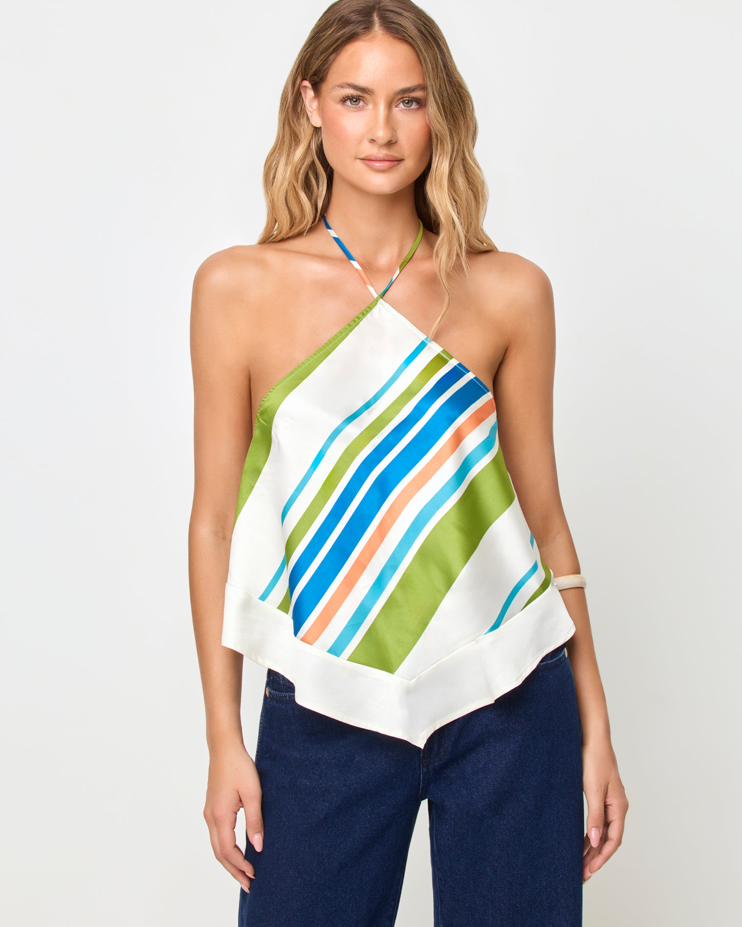 Hollis Top - Cancan Stripe LSPACE Hollis top in Cancan Stripe print, close-up detail view on model.