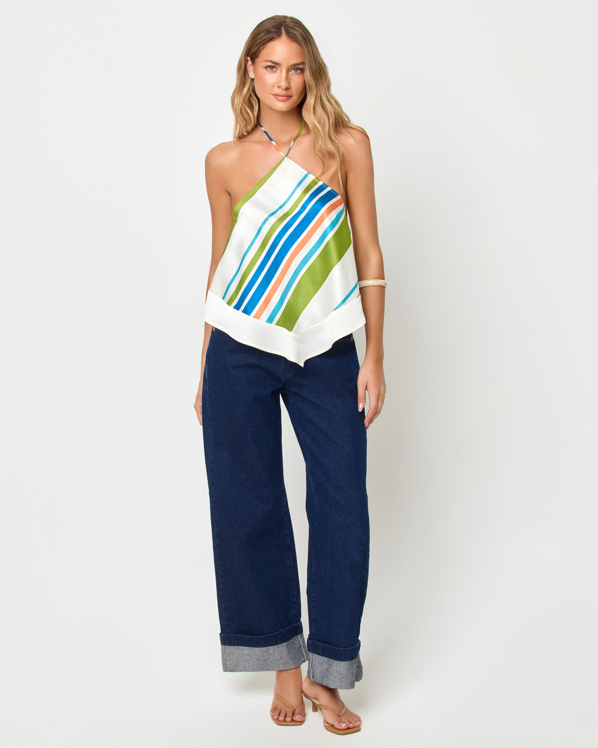 Hollis Top - Cancan Stripe LSPACE Hollis top in Cancan Stripe print, front view on model.