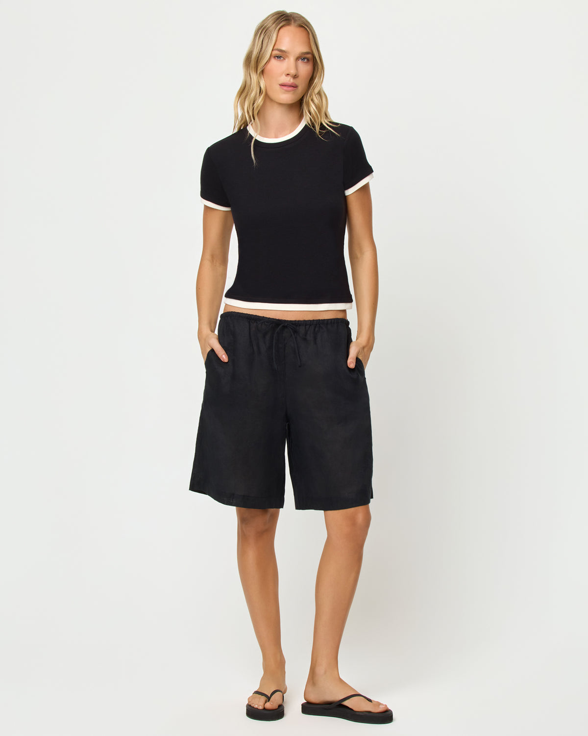 Range Top - Black-Cream Front, full body view of model wearing the Range Top in black-cream.