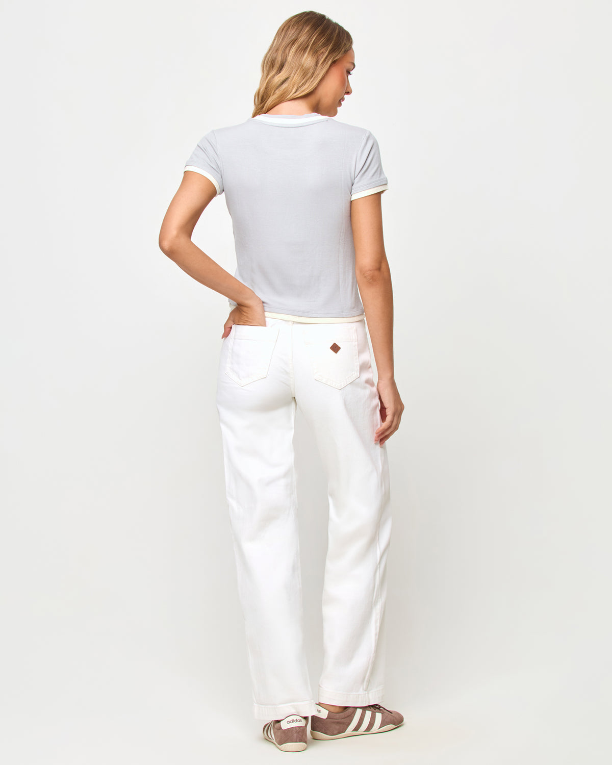 Range Top - Gray-Cream LSPACE Range top in Gray-Cream, back view on model.
