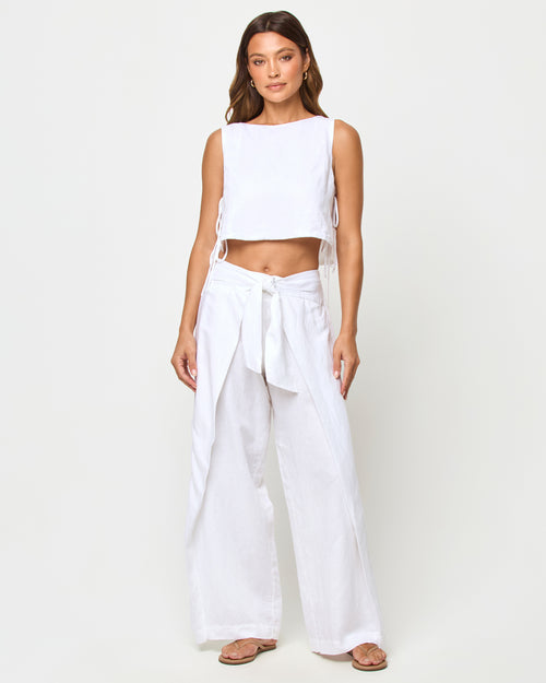 LSPACE Rylee pant in white, front view on model.