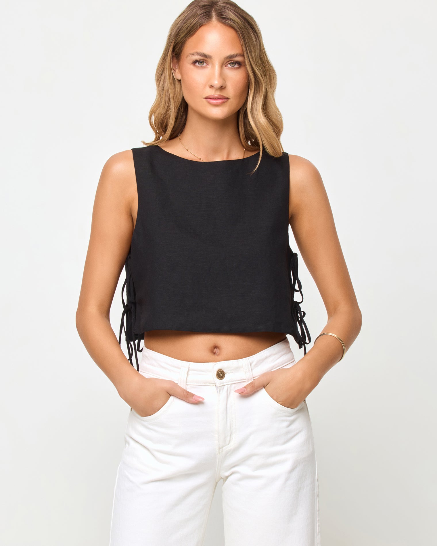 Rylee Top - Black LSPACE Rylee top in black, front view on model.