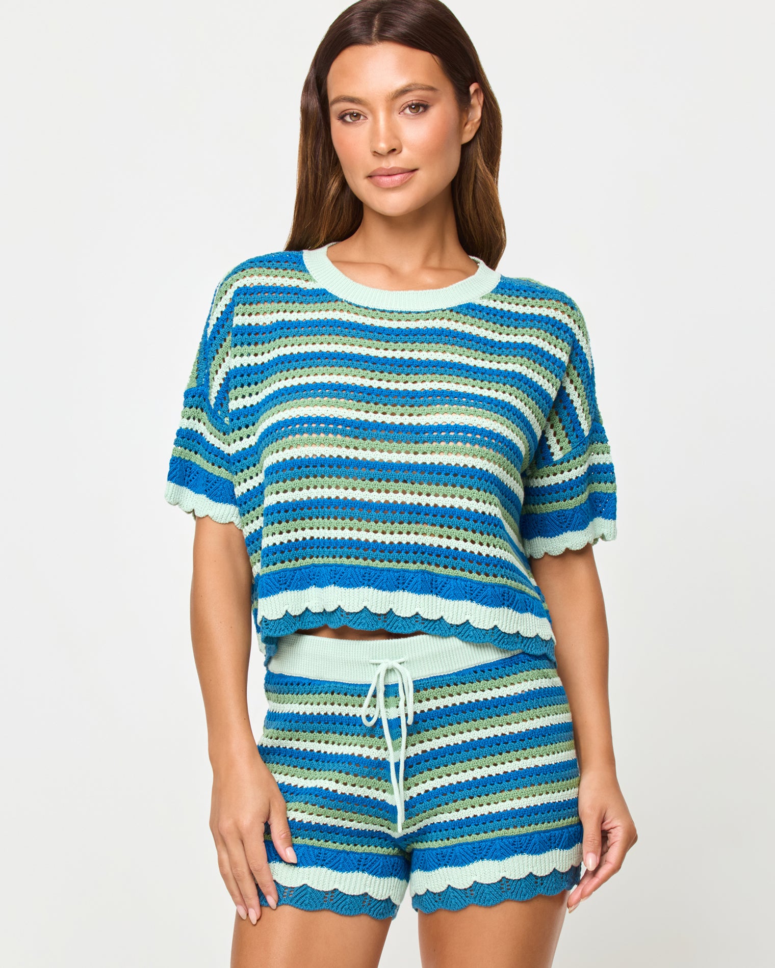 Seas The Day Top - Tropicoast Stripe LSPACE Seas The Day top in Tropicoast Stripe, front view on model.