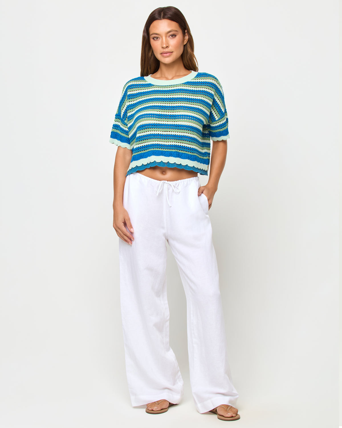 Seas The Day Top - Tropicoast Stripe LSPACE Seas The Day top in Tropicoast Stripe, back view on model.