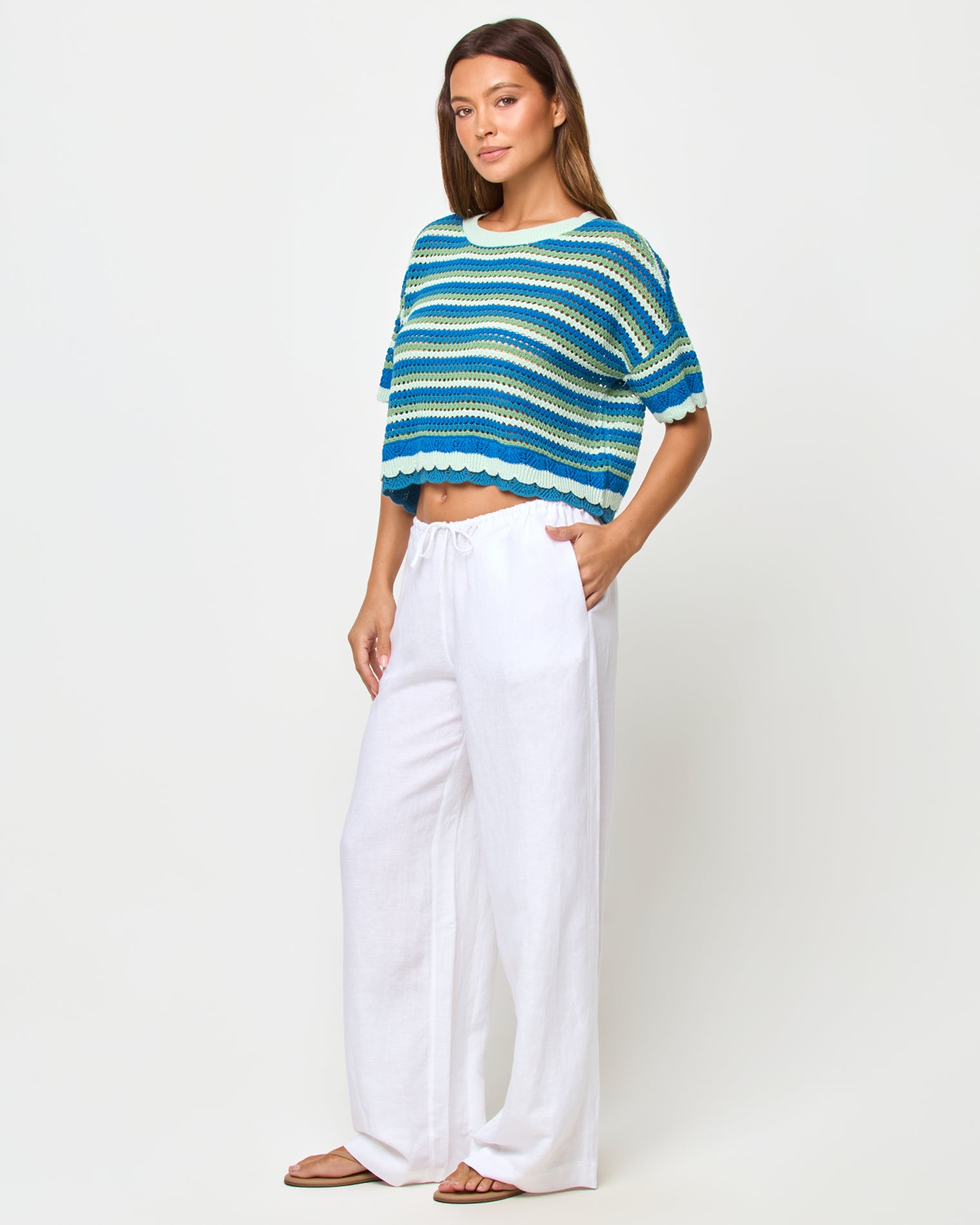 Seas The Day Top - Tropicoast Stripe LSPACE Seas The Day top in Tropicoast Stripe, front view on model.