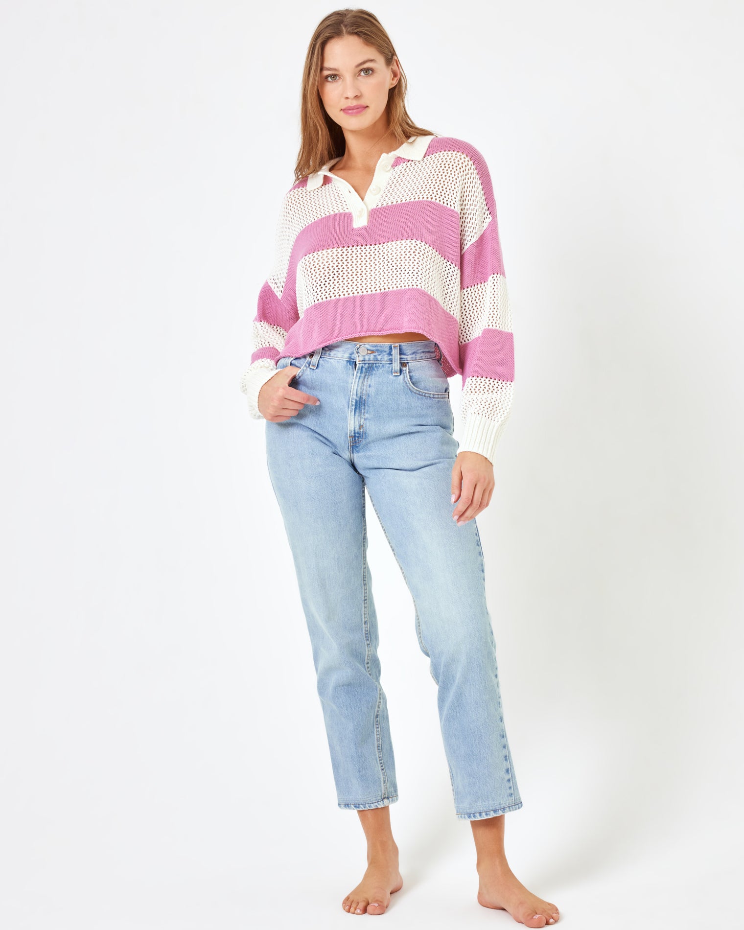 LSPACE X Anthropologie Rugby Sweater - Pink Lady Pink Lady | Model: Daria (size: S)