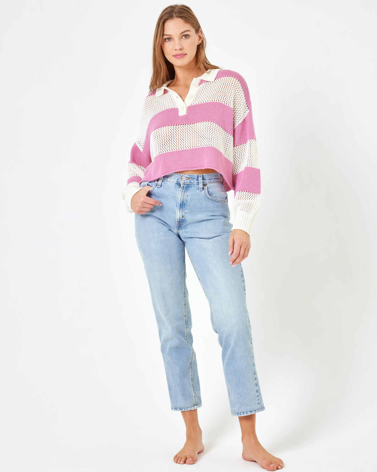 LSPACE X Anthropologie Rugby Sweater - Pink Lady Pink Lady | Model: Daria (size: S)