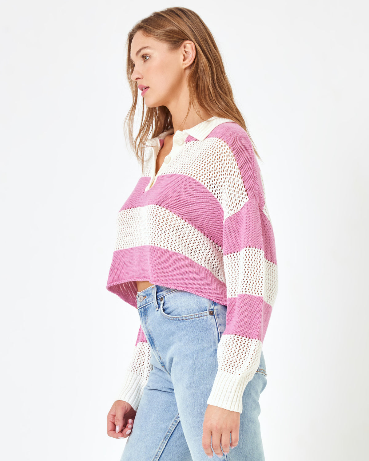 LSPACE X Anthropologie Rugby Sweater - Pink Lady Pink Lady | Model: Daria (size: S)