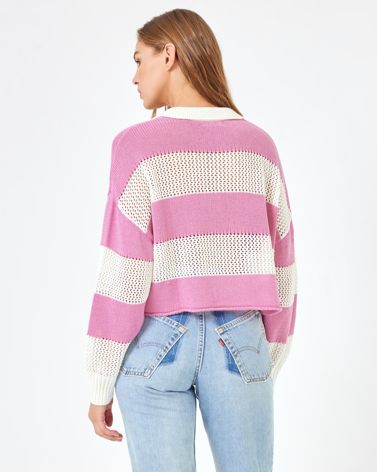 LSPACE X Anthropologie Rugby Sweater - Pink Lady Pink Lady | Model: Daria (size: S)
