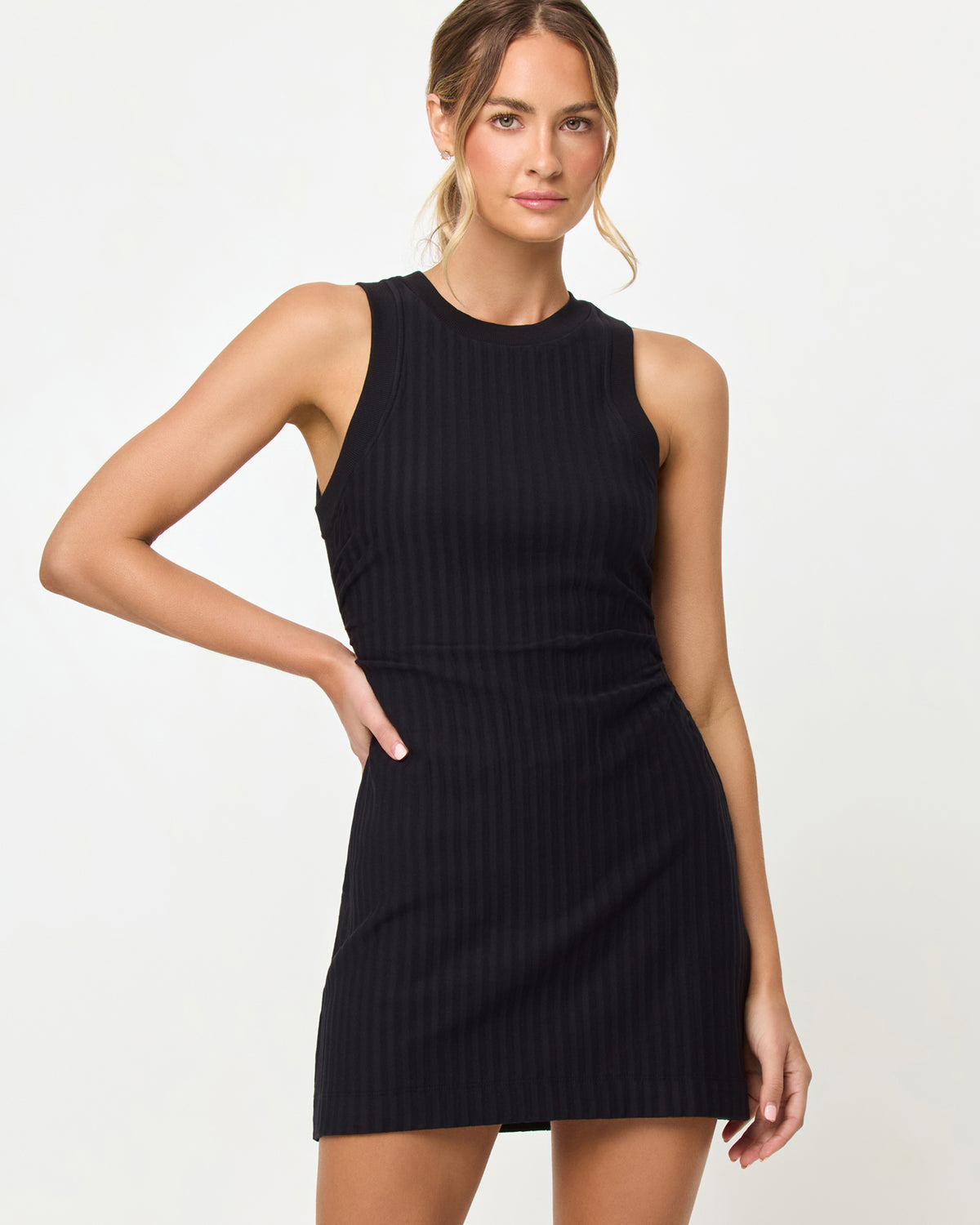 Muse Dress - Black LSPACE Muse dress in black, close-up detail view on model.