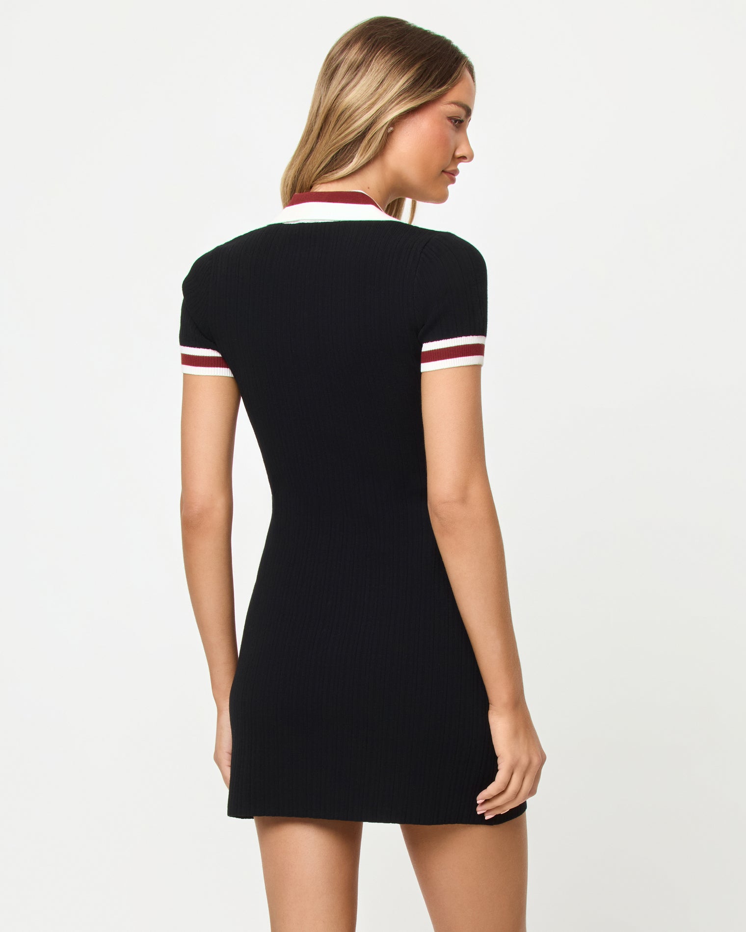 Off Duty Dress - Black Cream Dusty Fig LSPACE Off Duty dress in black cream dusty fig, back view on model.