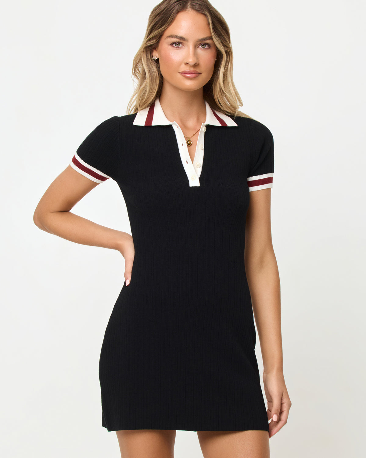 Off Duty Dress - Black Cream Dusty Fig Black Cream Dusty Fig | Badge:New Arrival_#B2AC88_#ffffff'


LSPACE Off Duty dress in black cream dusty fig, front view on model.