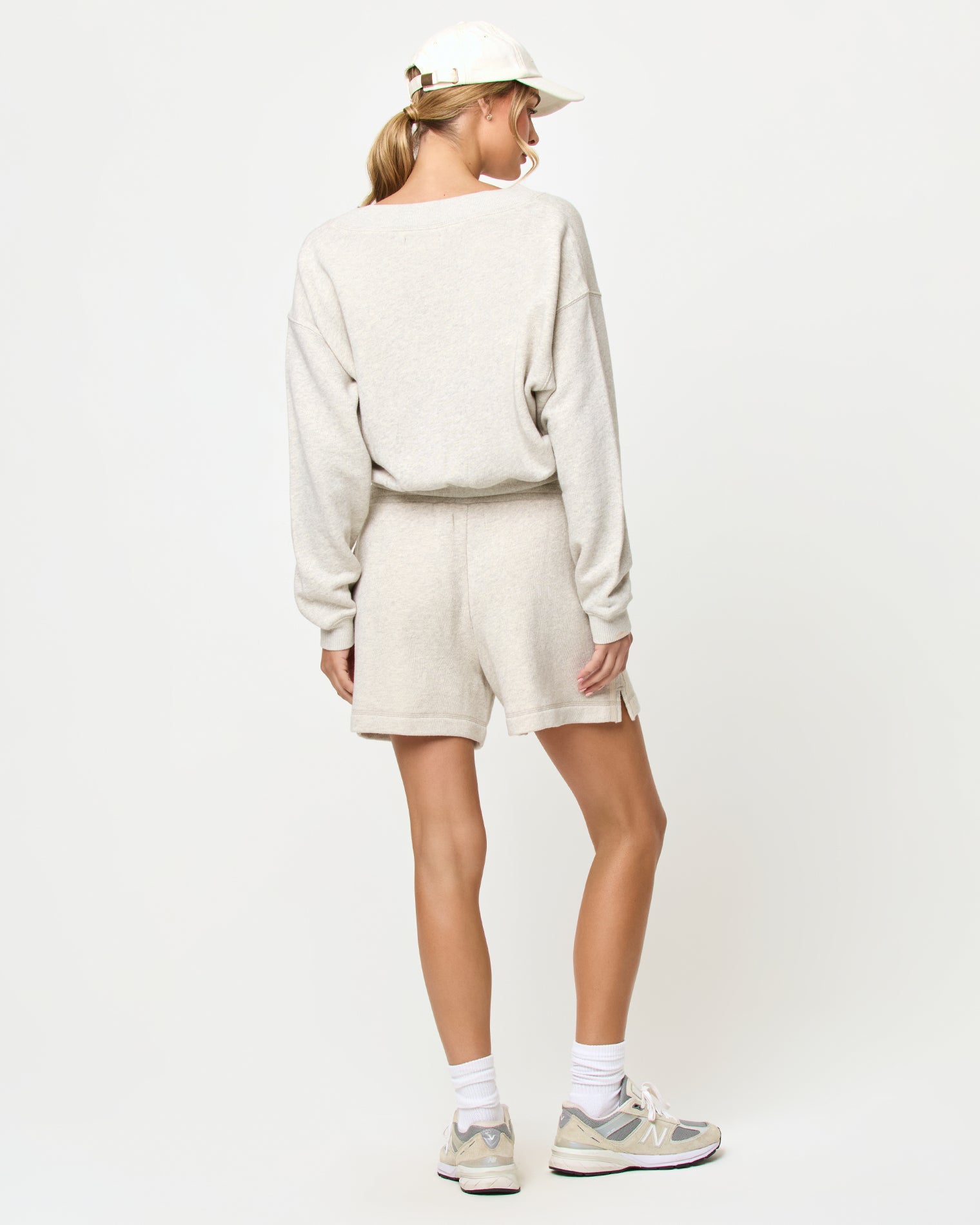 Bennett Short - Heather Gray LSPACE Vaughn sweatshirt and Bennett Short in heather gray, back view on model.