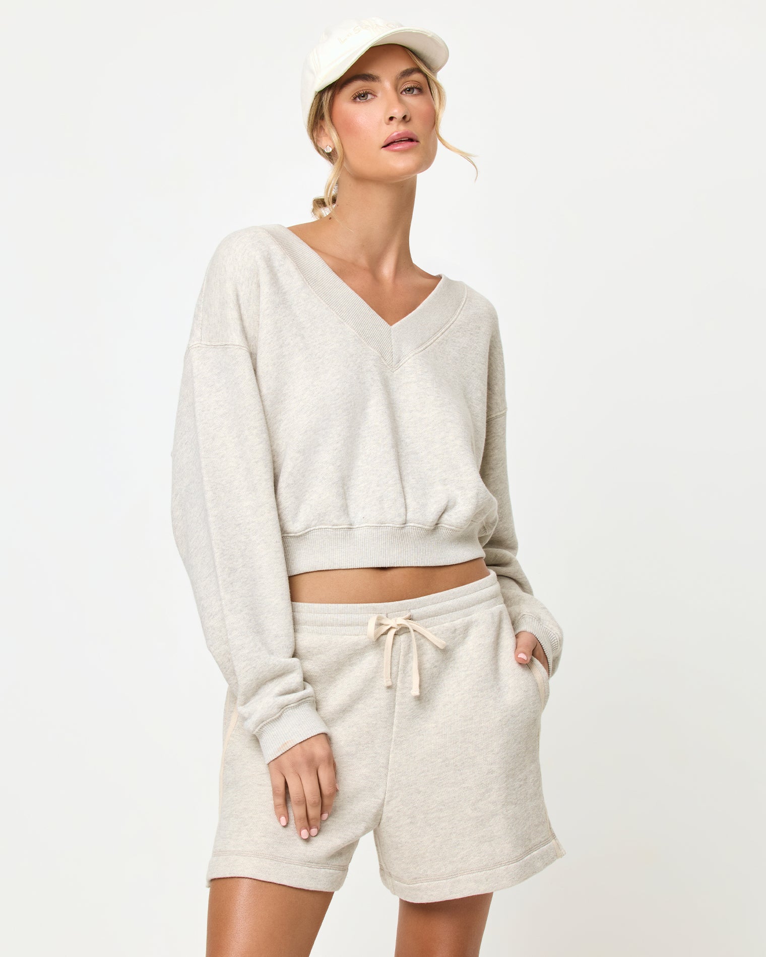 Bennett Short - Heather Gray Heather Gray | Badge:New Arrival_#B2AC88_#ffffff'

LSPACE Vaughn sweatshirt and Bennett Short in heather gray, close-up detail view on model.