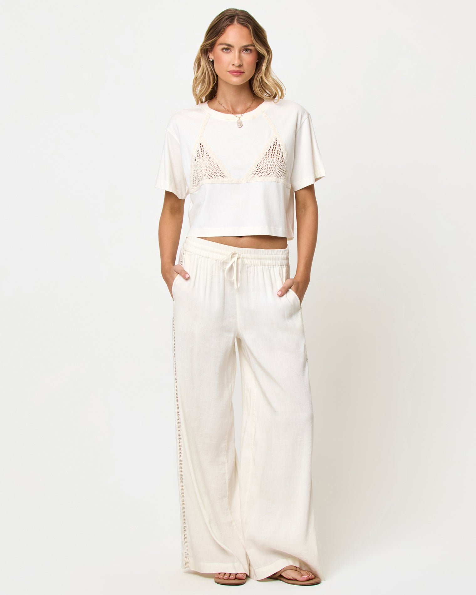 Core Top - Cream-Natural LSPACE At Your Leisure pant and Core Top in cream-natural, front view on model.