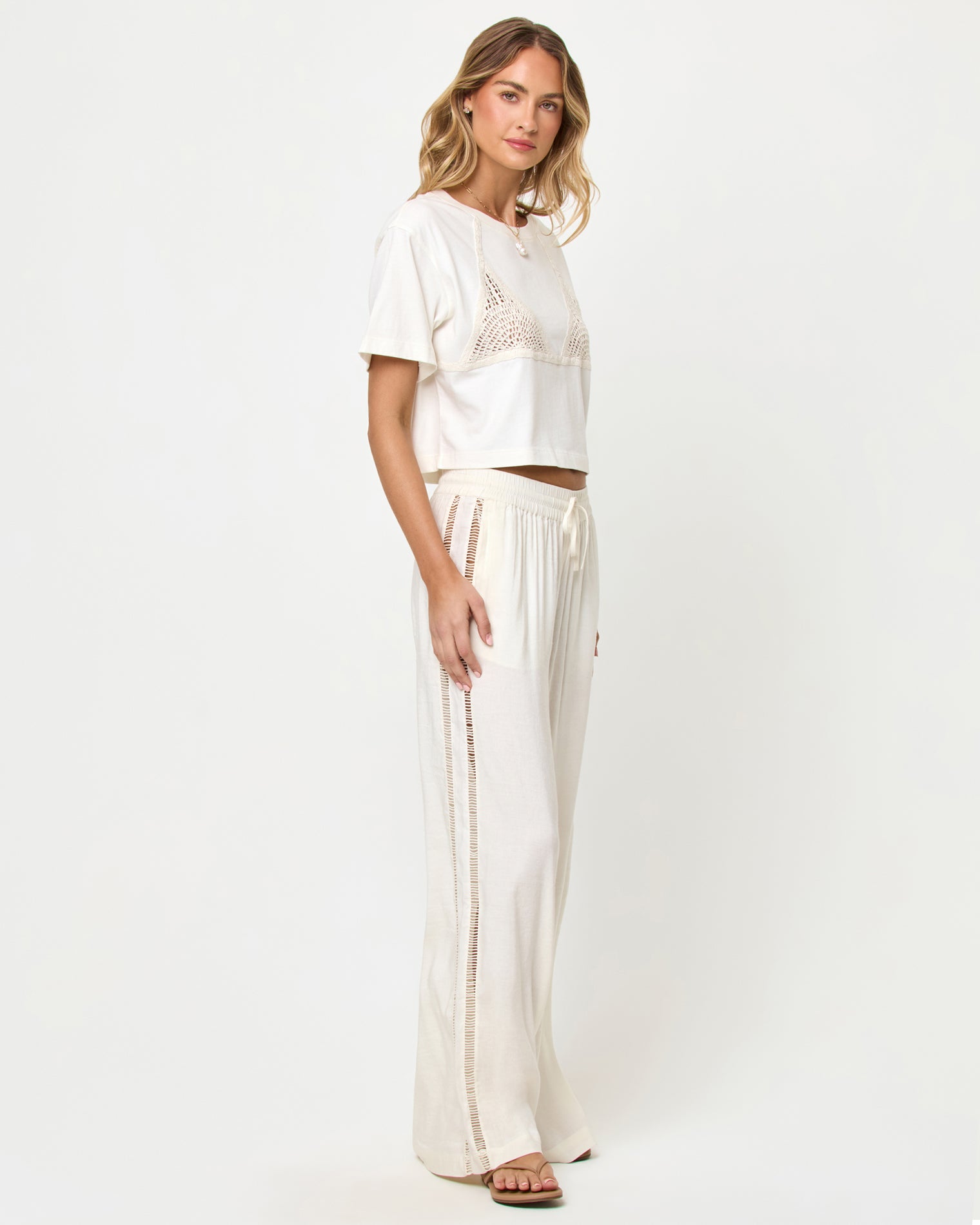Core Top - Cream-Natural LSPACE At Your Leisure pant and Core Top in cream-natural, side view on model.