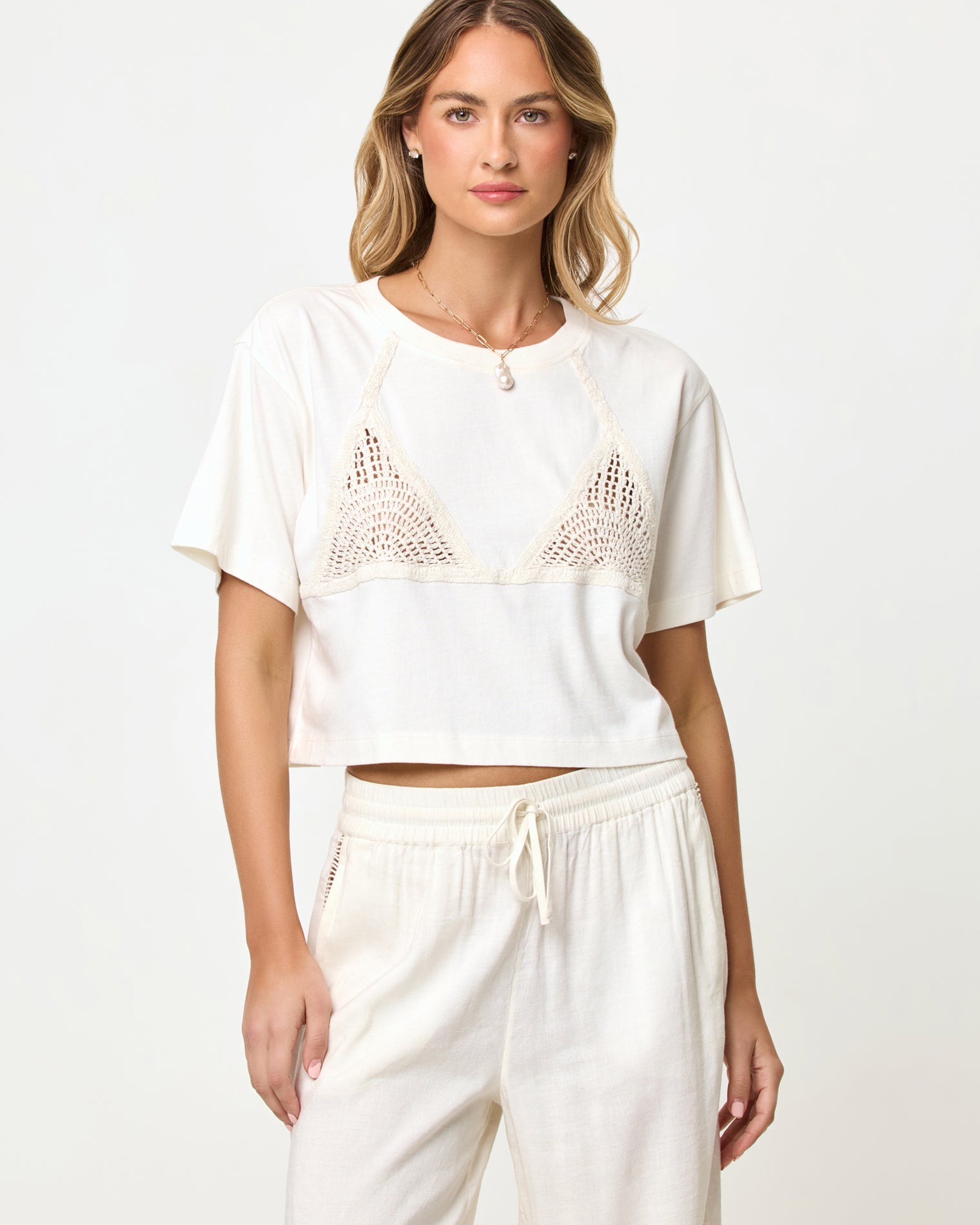 Core Top - Cream-Natural Back view of model wearing the LSPACE Core Top in cream-natural.