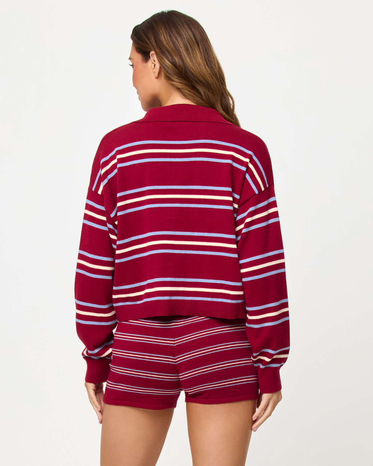 Dalton Sweater - Berry Wine Stripe LSPACE Dalton Sweater and Short in berry wine stripe, back view on model.