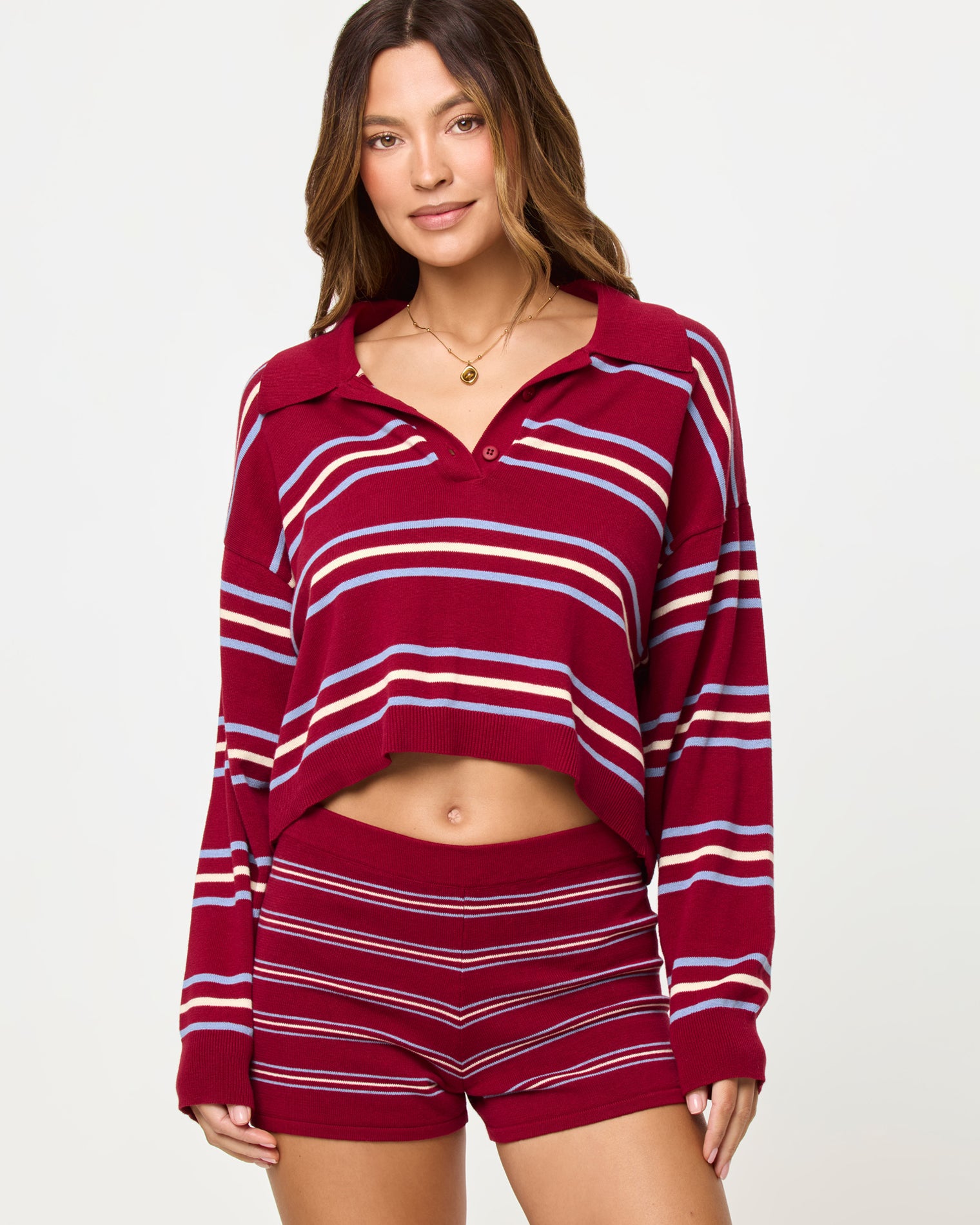 Dalton Sweater - Berry Wine Stripe LSPACE Dalton Sweater and Short in berry wine stripe, close-up detail view on model.