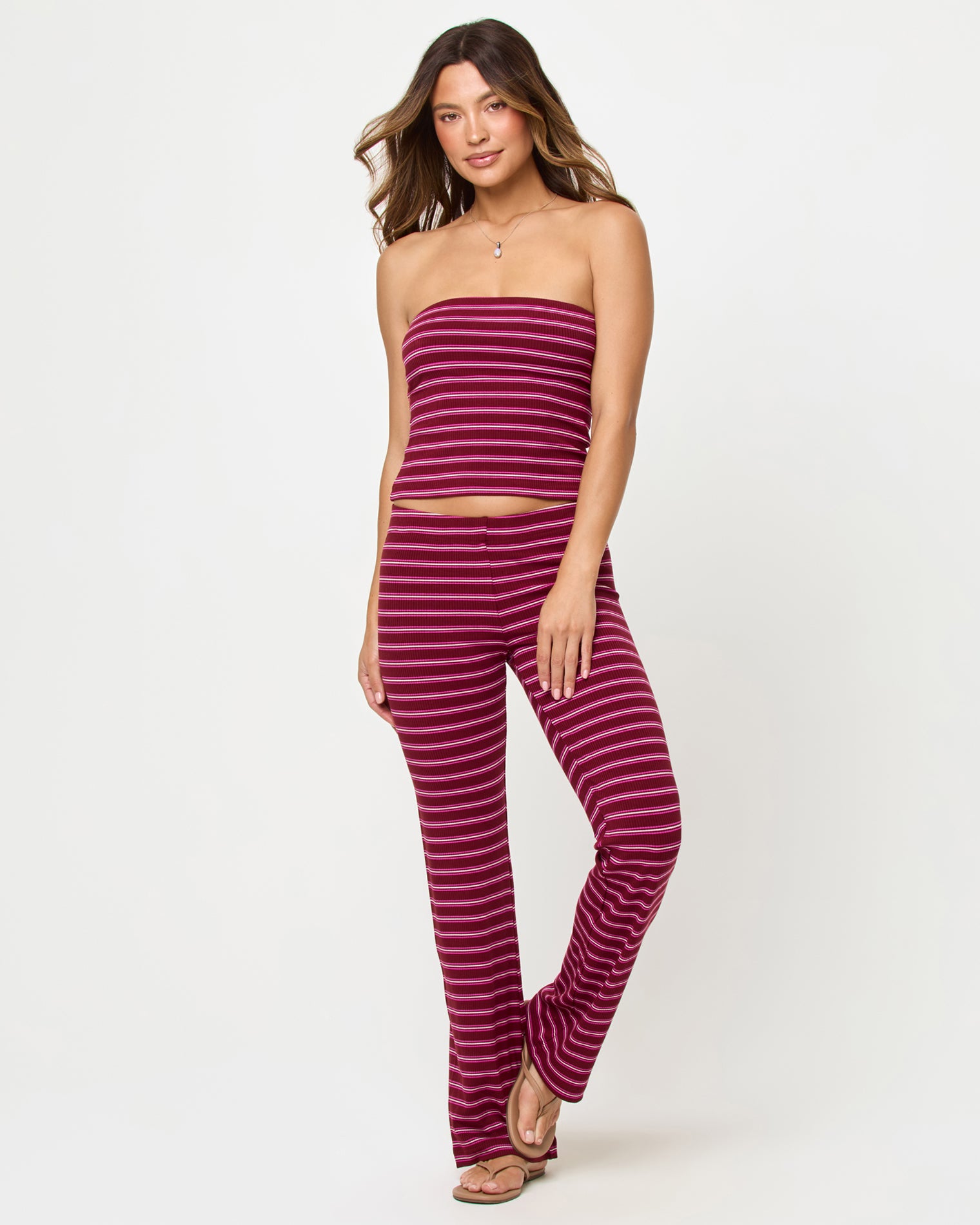 Zinnia Pant - Sipping Sangria Stripe LSPACE Zinnia Pant in Sipping Sangria Stripe, front view on model.