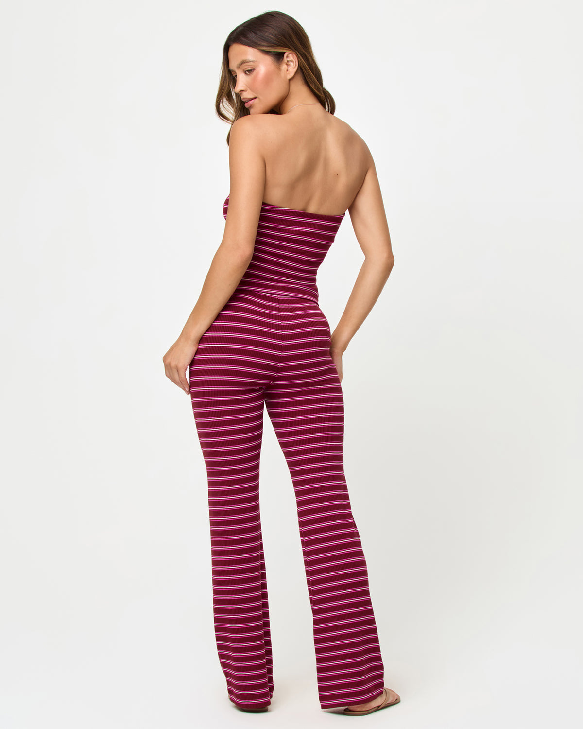 Zinnia Top - Sipping Sangria Stripe LSPACE Zinnia Top in Sipping Sangria Stripe, back view on model.