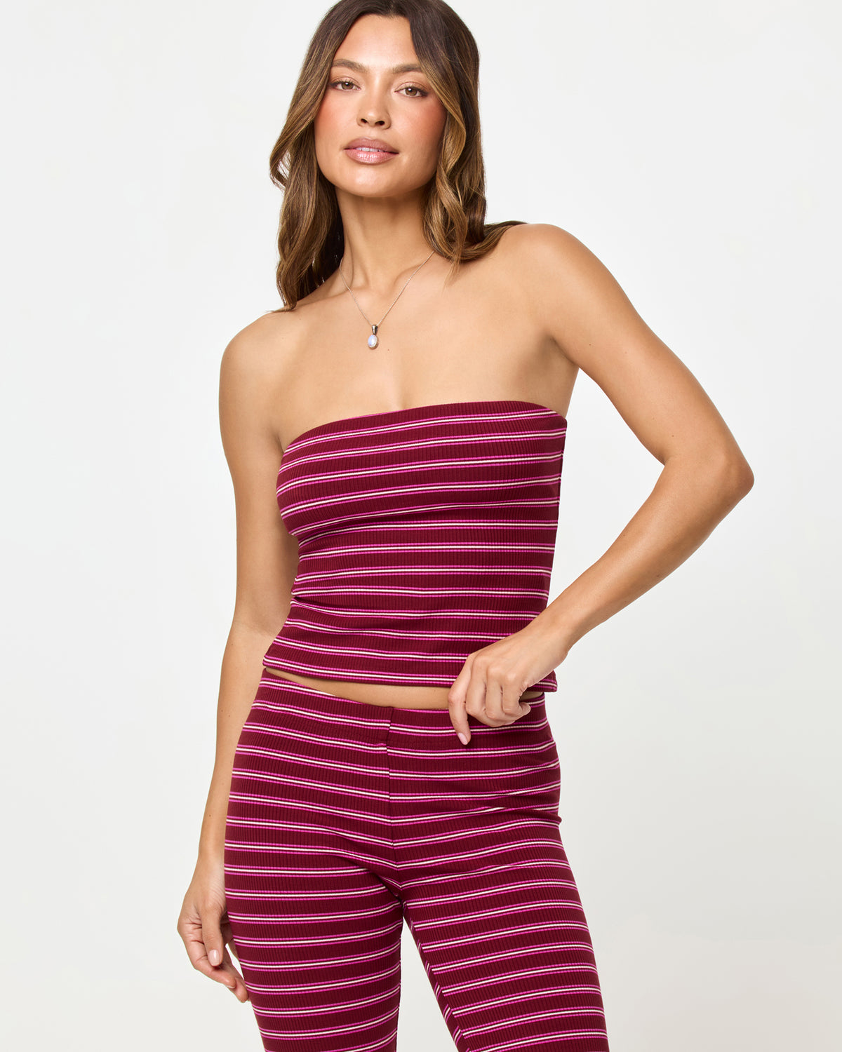 Zinnia Top - Sipping Sangria Stripe LSPACE Zinnia Top in Sipping Sangria Stripe, close-up detail view on model.