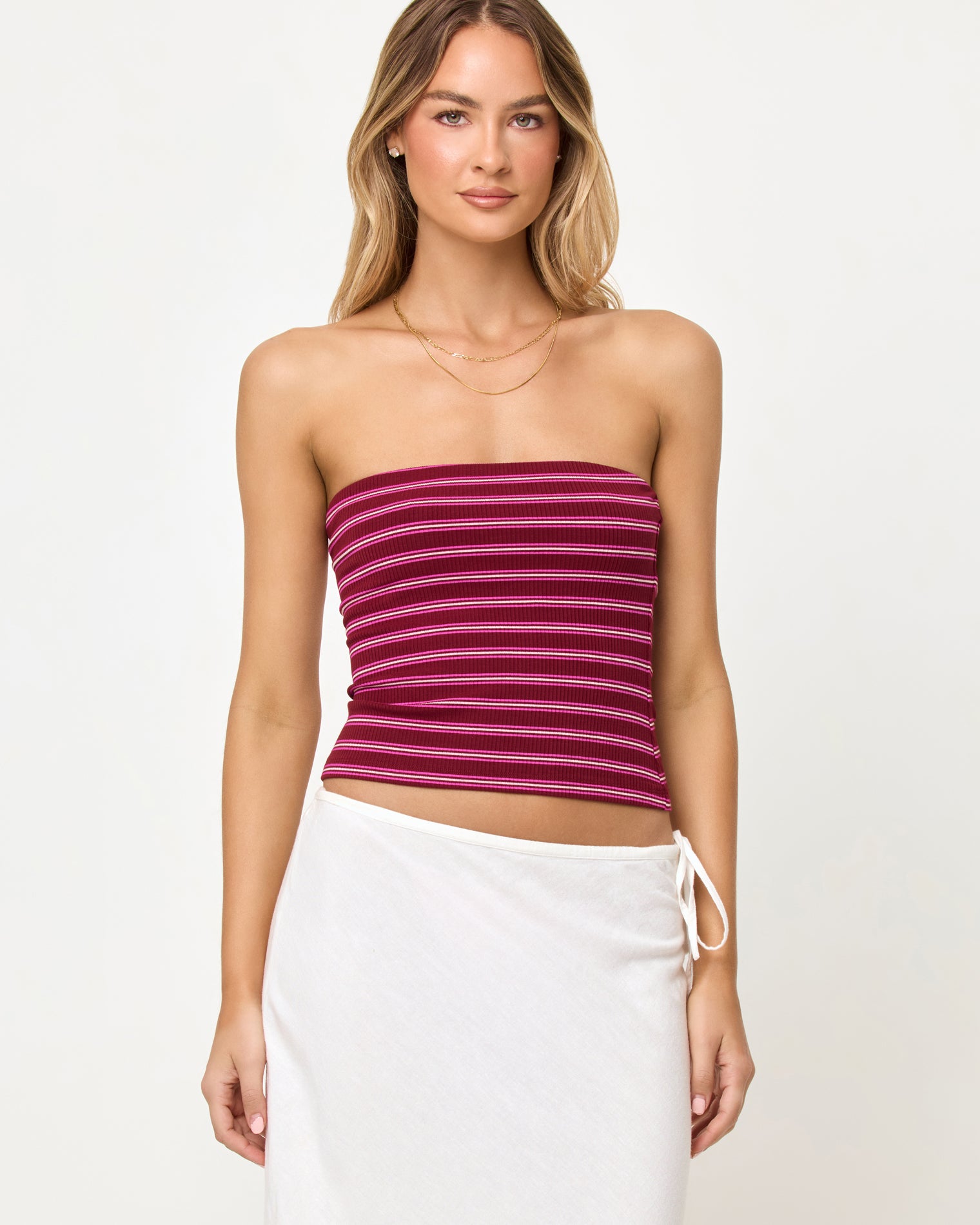 Zinnia Top - Sipping Sangria Stripe LSPACE Zinnia Top in Sipping Sangria Stripe, close-up front view on model.