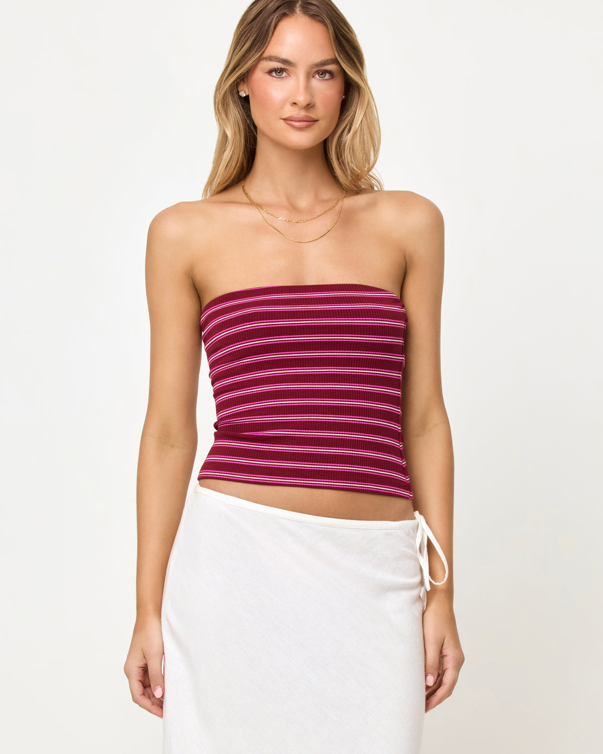 Zinnia Top - Sipping Sangria Stripe LSPACE Zinnia Top in Sipping Sangria Stripe, close-up front view on model.