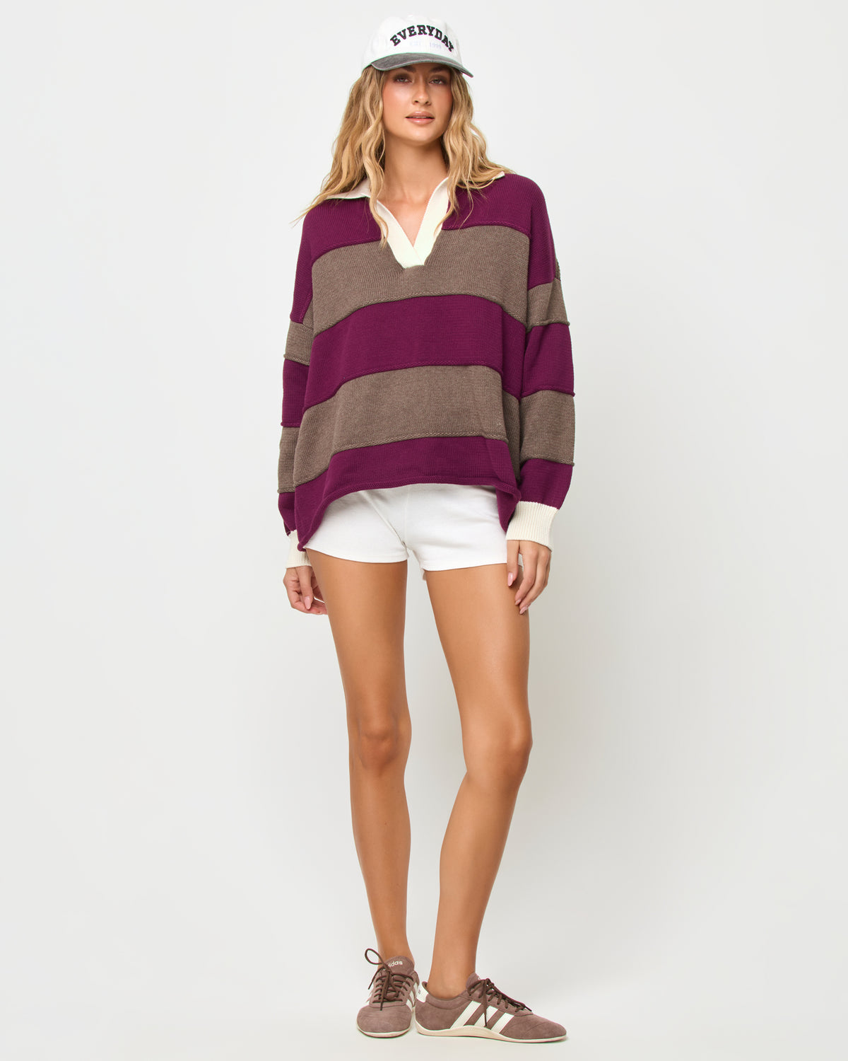 Horizon Sweater - I'm Berry Busy LSPACE Horizon sweater in I'm Berry Busy stripe, front view on model.