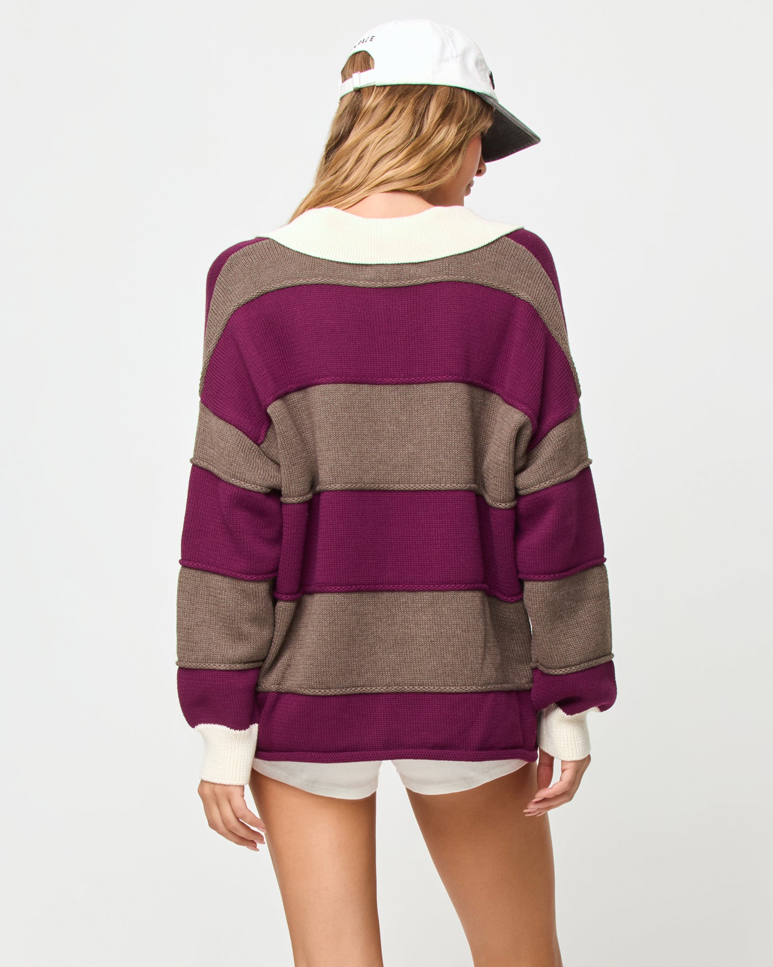 Horizon Sweater - I'm Berry Busy LSPACE Horizon sweater in I'm Berry Busy stripe, back view on model.