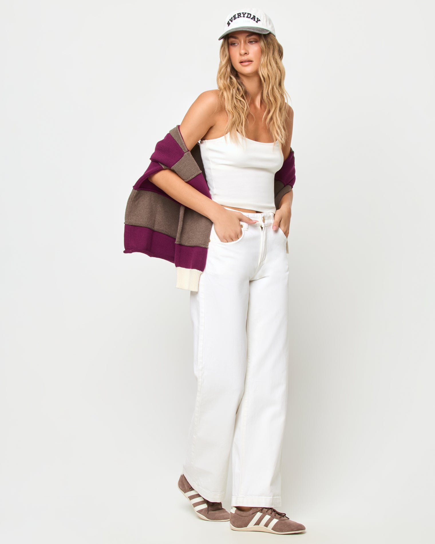 Horizon Sweater - I'm Berry Busy LSPACE Horizon sweater in I'm Berry Busy stripe, three-quarter view on model.