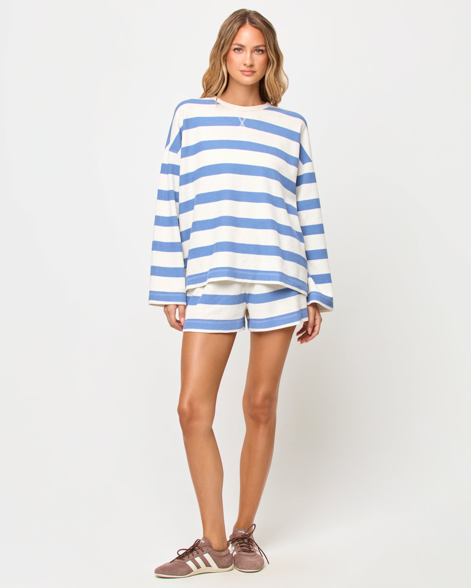 Maeve Short - Chambray-Cream Stripe LSPACE Maeve short in Chambray-Cream Stripe print, front view on model.