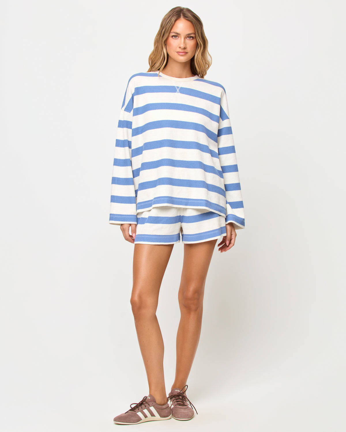 Maeve Short - Chambray-Cream Stripe LSPACE Maeve short in Chambray-Cream Stripe print, front view on model.