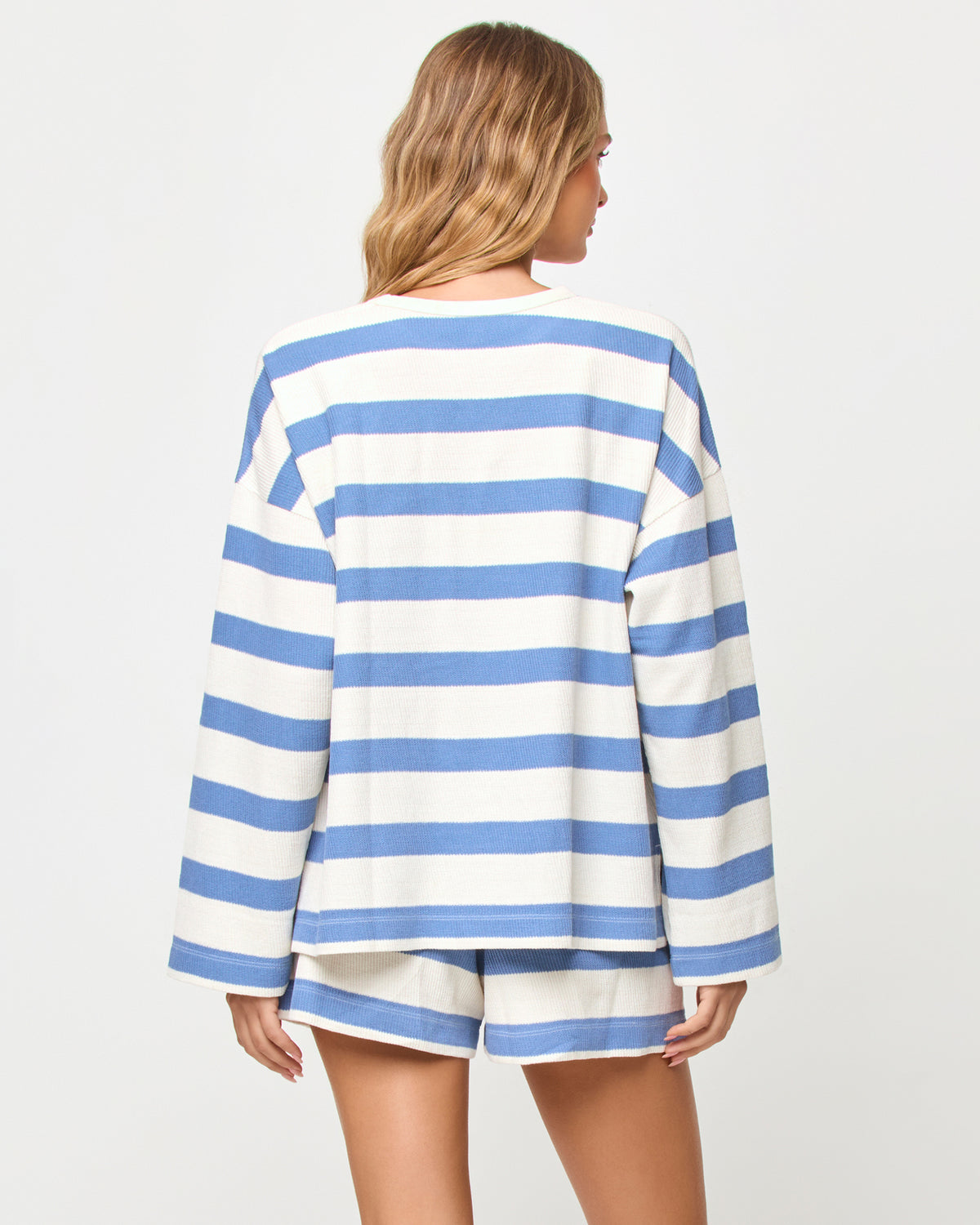 Maeve Short - Chambray-Cream Stripe LSPACE Maeve short in Chambray-Cream Stripe print, back view on model.