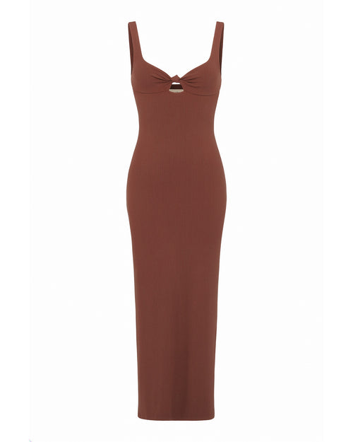 Off-model view of the LSPACE Alexis Dress in cafe, a fitted ribbed midi dress in chocolate brown with thick straps, a sweetheart neckline, and a small front cutout detail.